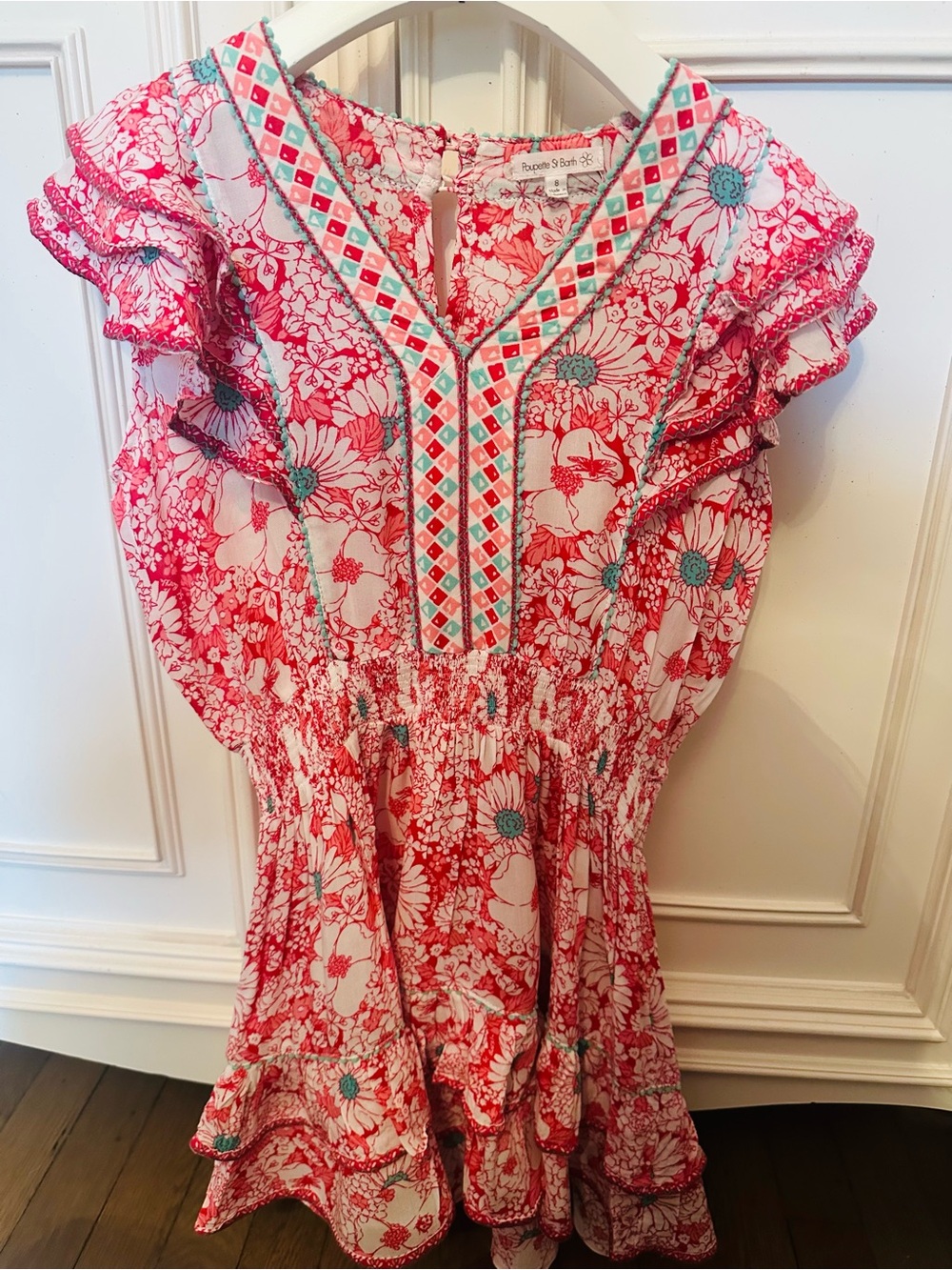 Poupette St Barth Ruffled Smocked Waist Dress with Embroidered V-Neck